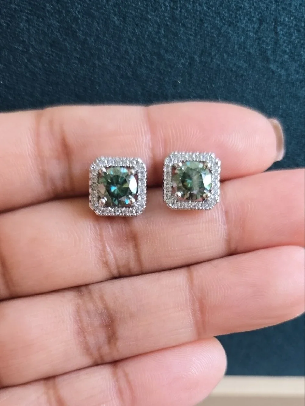 Green Moissanite Halo Square Stud Earrings On Sterling Silver